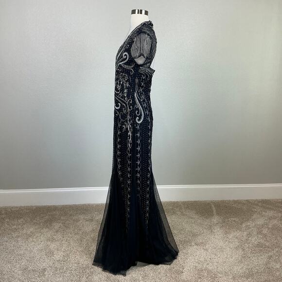 Adrianna Papell Beaded Cut Out Back Evening Gown Blue Size 6 Short Sleeve Formal - Picture 6 of 14